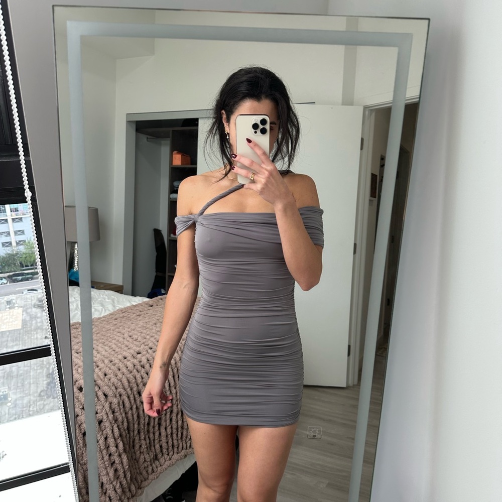 POL Gray Off-Shoulder Mini Dress